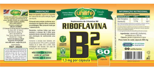 Vitamina B2 ( Riboflavina ) - 60 Cápsulas 500mg - Unilife