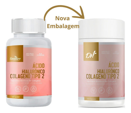 Ácido Hialurônico + Colágeno Tipo 2 100 Cápsulas Denature Sabor Natural