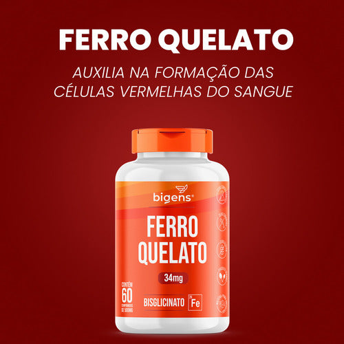 Ferro Quelato Bisglicinato 34mg, 60 Comprimidos Bigens Full Sabor Sem sabor