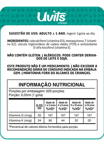 Vitamina Kids D3 E K2 Em Gotas 600 Doses 20ml - Uvits Sabor Sem Sabor