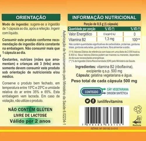 Vitamina B2 ( Riboflavina ) - 60 Cápsulas 500mg - Unilife