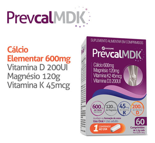 Prevcal Mdk 600mg Calcio - 60cpr - Vitaminas D, K, Magnésio Sabor Sem Sabor