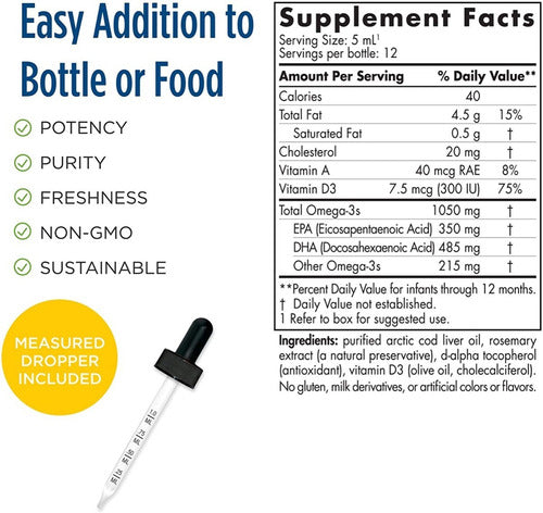 Nordic Naturals Baby's DHA, sem sabor - 1050 mg Ômega-3 + 300 UI de vitamina D3 - apoia o desenvolvimento do cérebro, da visão e do sistema nervoso em bebês