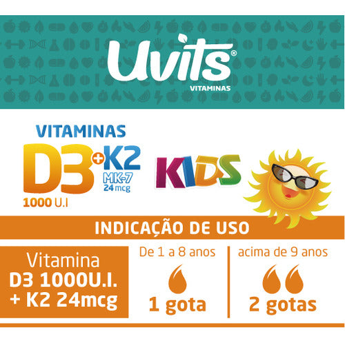 Vitamina Kids D3 E K2 Em Gotas 600 Doses 20ml - Uvits Sabor Sem Sabor