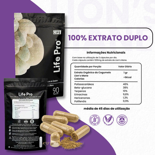 Microdose Life Lions Mane Juba de leão - Cogumelo do Foco Concentração e Memória - Life Pro 90 caps