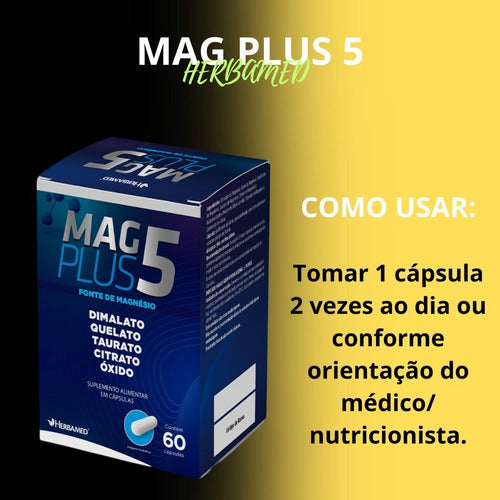 Mag Plus 5 60 Caps 550mg Magnésio Dimalato Quelato Herbamed Sabor Sem sabor