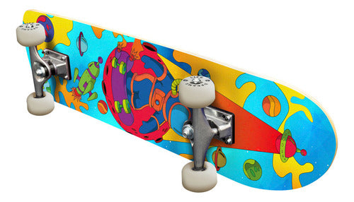 Skate Montado Completo Street Semi Profissional PRO-1 Maple Azul Astronauta 100KG Life Dreams