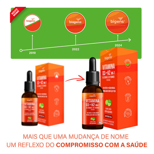 Vitamina D3 + K2 Mk-7, Em Gotas, Sublingual, D3 2000ui | K2 100mcg, Sabor Limão, 20ml, Bigens
