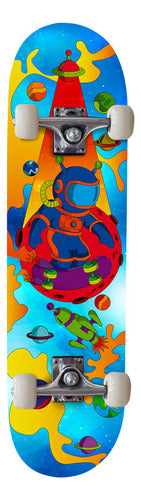 Skate Montado Completo Street Semi Profissional PRO-1 Maple Azul Astronauta 100KG Life Dreams