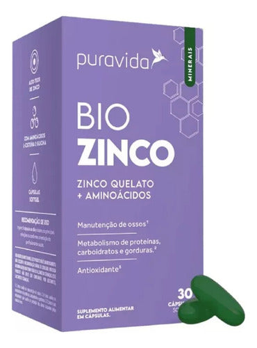 Bio Zinco Pura Vida - Zinco Quelado + Aminoácidos - 30 Caps Sabor Sem Sabor