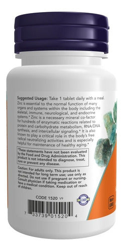 Zinco 50mg Now Foods 250 Tablets Sabor Sem sabor