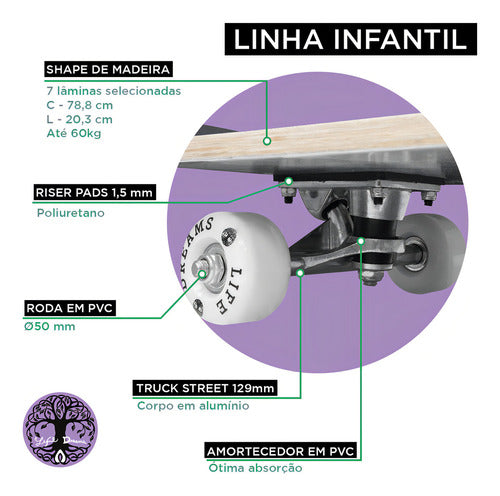 Skate Infantil Iniciante Montado Completo Iniciante 70kg Colorido Skull Life Dreams