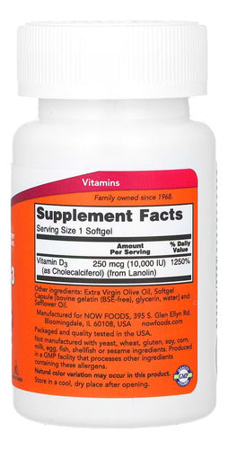 Now Foods Vitamina D3 250mcg Alta Potência 240 Softgels Sabor N/A