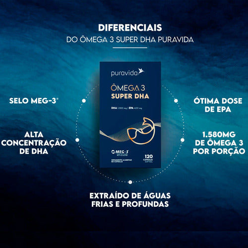 Ômega 3 Super Dha 1000mg/epa 400mg 120 Caps Puravida Sabor Sem sabor