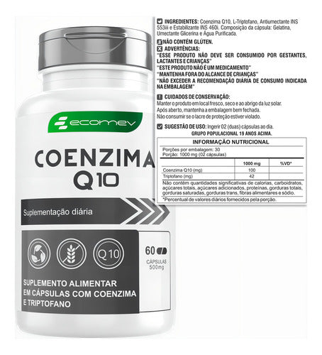 2 Potes Coenzima Q10 Pura Com L Triptofano 500mg 120cáps Ecomev Sabor Sem Sabor