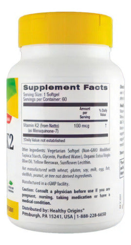 Vitamina K2 Mk7 100mcg 60 Cápsulas Healthy Origins Eua