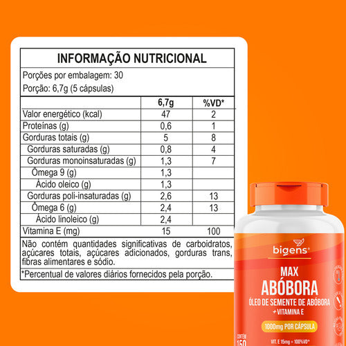 Max Abóbora, Óleo De Semente De Abóbora Com Vitamina E, 1000mg, Prensado A Frio, 150 Cápsulas, Bigens