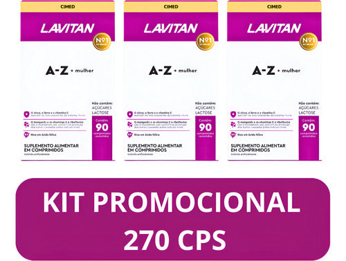 Kit 3 Cxs Lavitan A-z Mulher 90cp (kit C/270 Cps) Cimed Sabor Sem Sabor