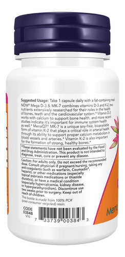 Now Foods Mega Vitamina D3 5.000ui & K2 Mk-7 180mcg 60 Cápsulas