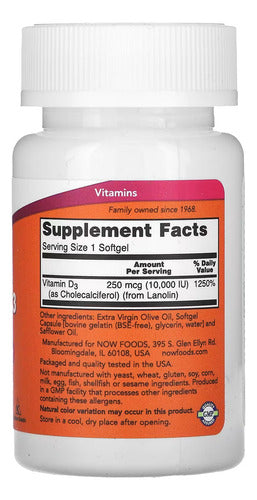 Now Foods Vitamina D3 10.000 Ui 120 Caps Softgel Sabor Without flavor