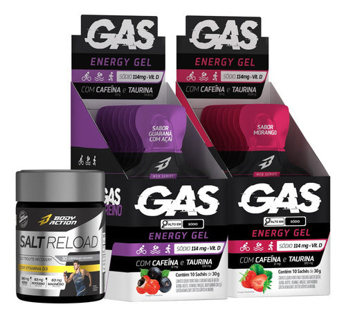 Combo 2x Caixas Gas Gel Energético 20 Sachês + Salt Reload Sabor Sem sabor
