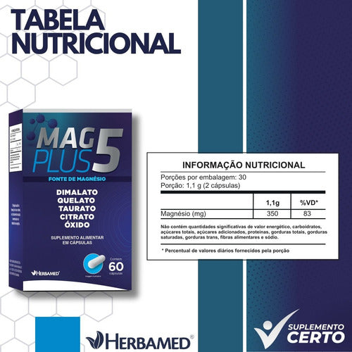 Mag Plus 5 60 Caps 550mg Magnésio Dimalato Quelato Herbamed Sabor Sem sabor