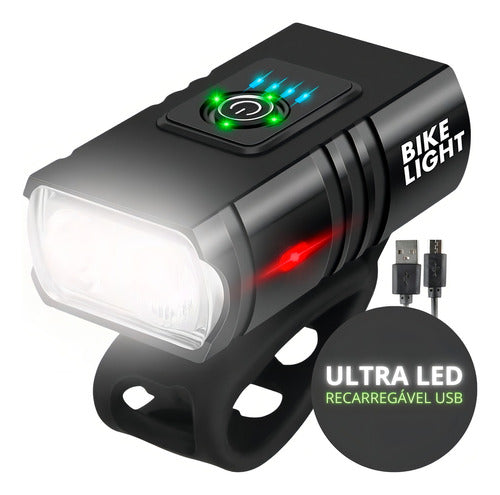Farol Para Bike 2 Led Cree T6 Recarregável Usb Com Medidor