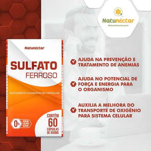 2x Sulfato Ferroso - 500mg 60 Cápsulas - Natunéctar Sabor Sulfato Ferroso Tratamento De Anemia
