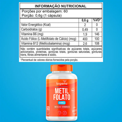 Metilfolato 60 Cps L Metil Folato Ácido Fólico Ativo Bigens Sabor Neutro
