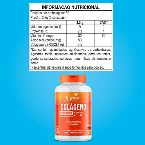 Colágeno VERISOL® Collagen Skin Hidrolisado + Ácido Hialuronico + Vitamina C | 180 Cápsulas | Bigens