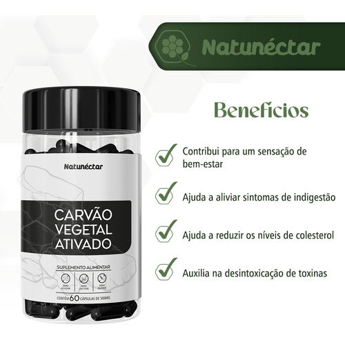 2x Carvão Vegetal Ativado Puro 500mg 60 Cápsulas - Natunéctar