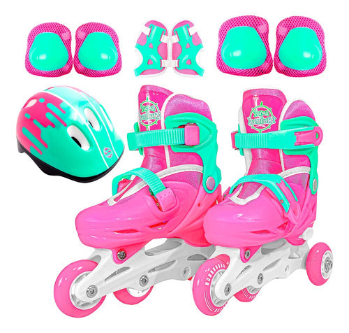 Patins Infantil Triline Inline Com Kit Proteção 30-33 Rosa