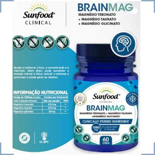 Brainmag 1080mg 60caps Magnésio + Glicinato Suplemento Sunfood