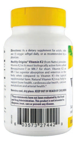 Vitamina K2 Mk7 100mcg 60 Cápsulas Healthy Origins Eua