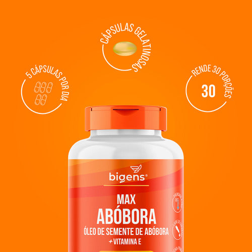 Max Abóbora, Óleo De Semente De Abóbora Com Vitamina E, 1000mg, Prensado A Frio, 150 Cápsulas, Bigens