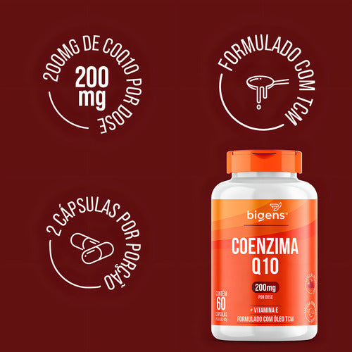 Coenzima Q10 200mg Com Vitamina E 10mg, 60 Cáps, Bigens Sabor Neutro