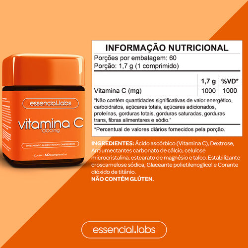 VITAMINA C 1000mg - Fórmula Concentrada e 100% PURA - 60 Doses