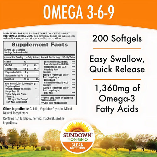 Sundown Omega 3-6-9 Flax, Fish & Borage Oils - 200 Softgels