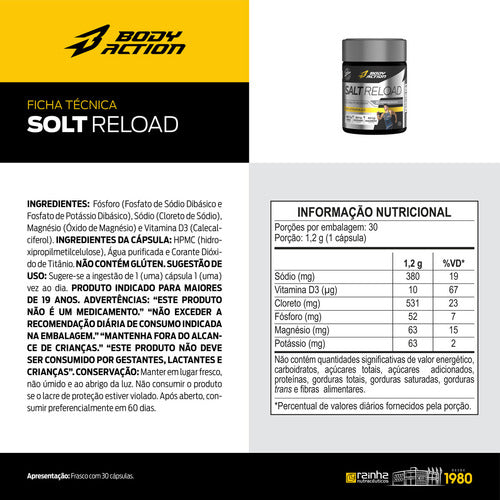 Salt Reload 30 Cápsulas Sal Premium Hidratação - Bodyaction Sabor Sem sabor