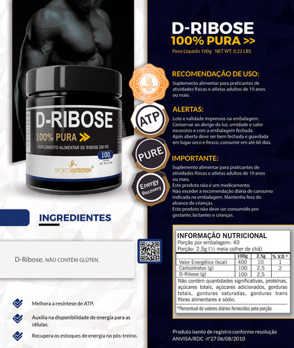 D- Ribose Power 100% Pure - Auxilia na Produção de Energia - Sports Nutrition 100g