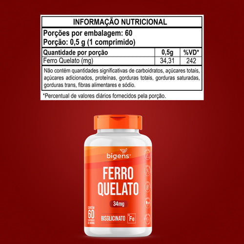 Ferro Quelato Bisglicinato 34mg, 60 Comprimidos Bigens Full Sabor Sem sabor