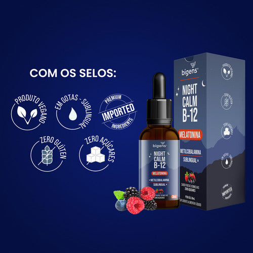 Night Calm B-12: Melatonina + Metilcobalamina 413% Vd Sublingual, Sabor Frutas Vermelhas | Bigens