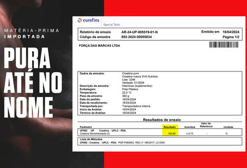 CREATINA MONOHIDRATADA 500g - 100% Pura - 3VS Nutrition