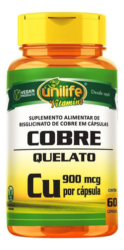 Cobre Quelato 900 Mcg Unilife Mineral 60 Cápsulas Sabor Sem sabor