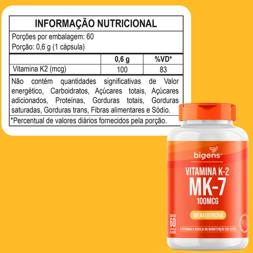 Kit C/ 2x Vitamina K2 Mk-7, ( Mk7 ) 120 Cáps, 100 Mcg, Bigens Sabor Neutro