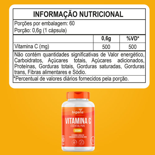 Vitamina C Essential Pure 500mg Por Cápsula, 60un, Bigens
