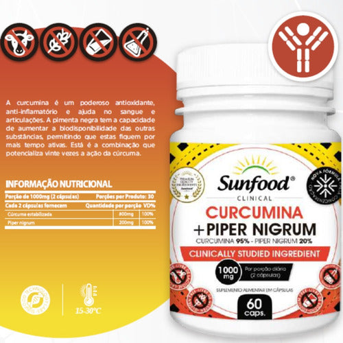 Curcumina 95% + Piper Nigrum 20% 1000mg 60 Capsulas Sunfood