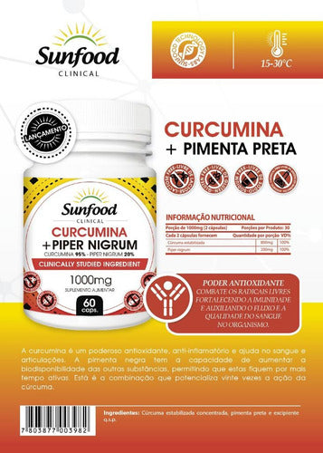 Suplemento en cápsula Sunfood Curcumina e pimenta preta