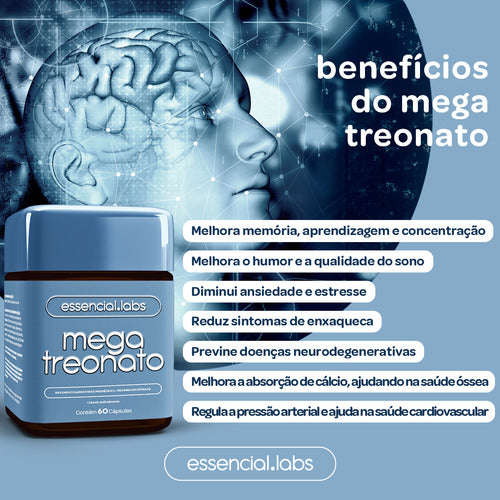 02 POTES do MEGA TREONATO - MAGNÉSIO com Fórmula desenvolvida para a Memória e Cognição - 120 Cápsulas