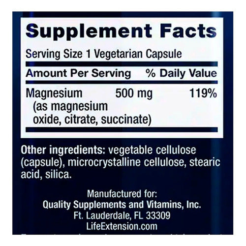 Magnesium Magnésio 500mg (100 Caps) Life Extension Sabor Sem sabor